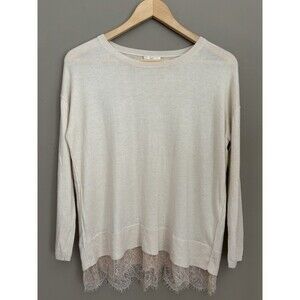 Joie Women’s Scallop Lace Hem Ivory Crew-Neck Knit Long Sleeve Sweater Size XS
